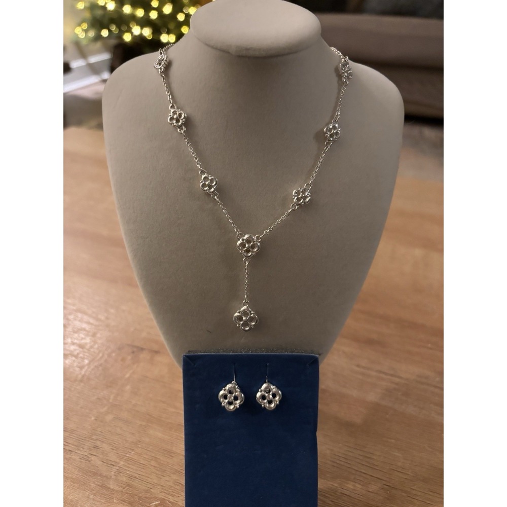 Avon Silver Tone Clover Motif "Y" Drop Necklace Adjustable W Earrings NIB